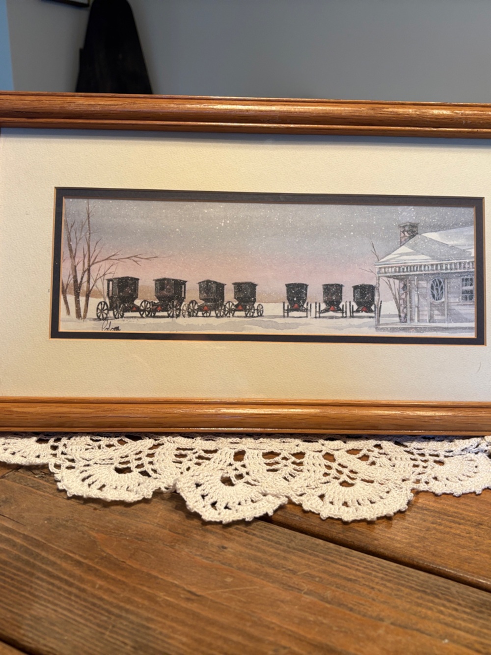 Framed Winter Amish Buggy Scene in Brown Frame and White Mat